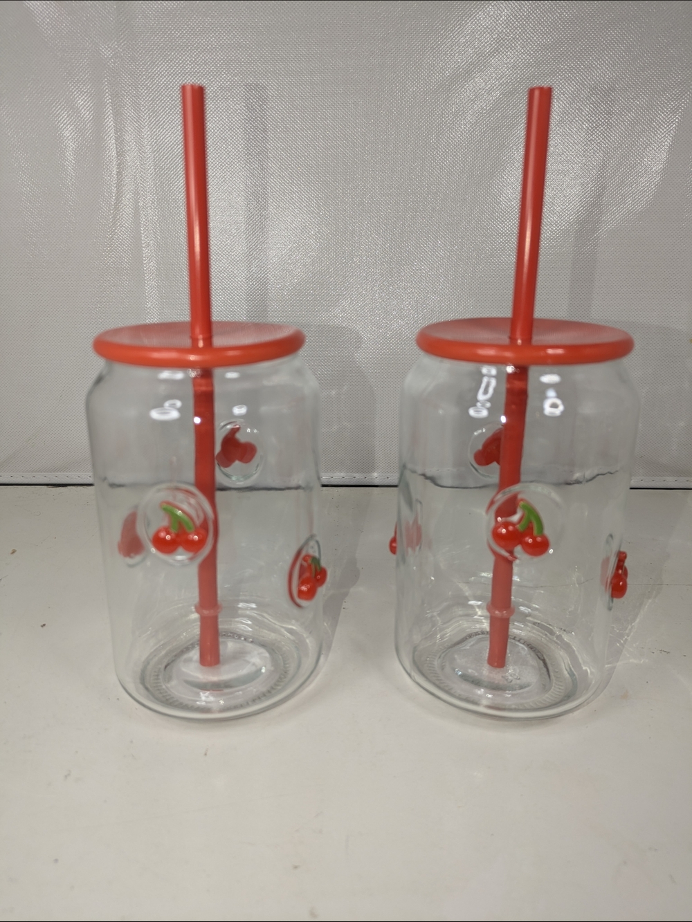 Viral Coquette Cherry Glass Tumblers Red Lid Straw Set of 2 Cute